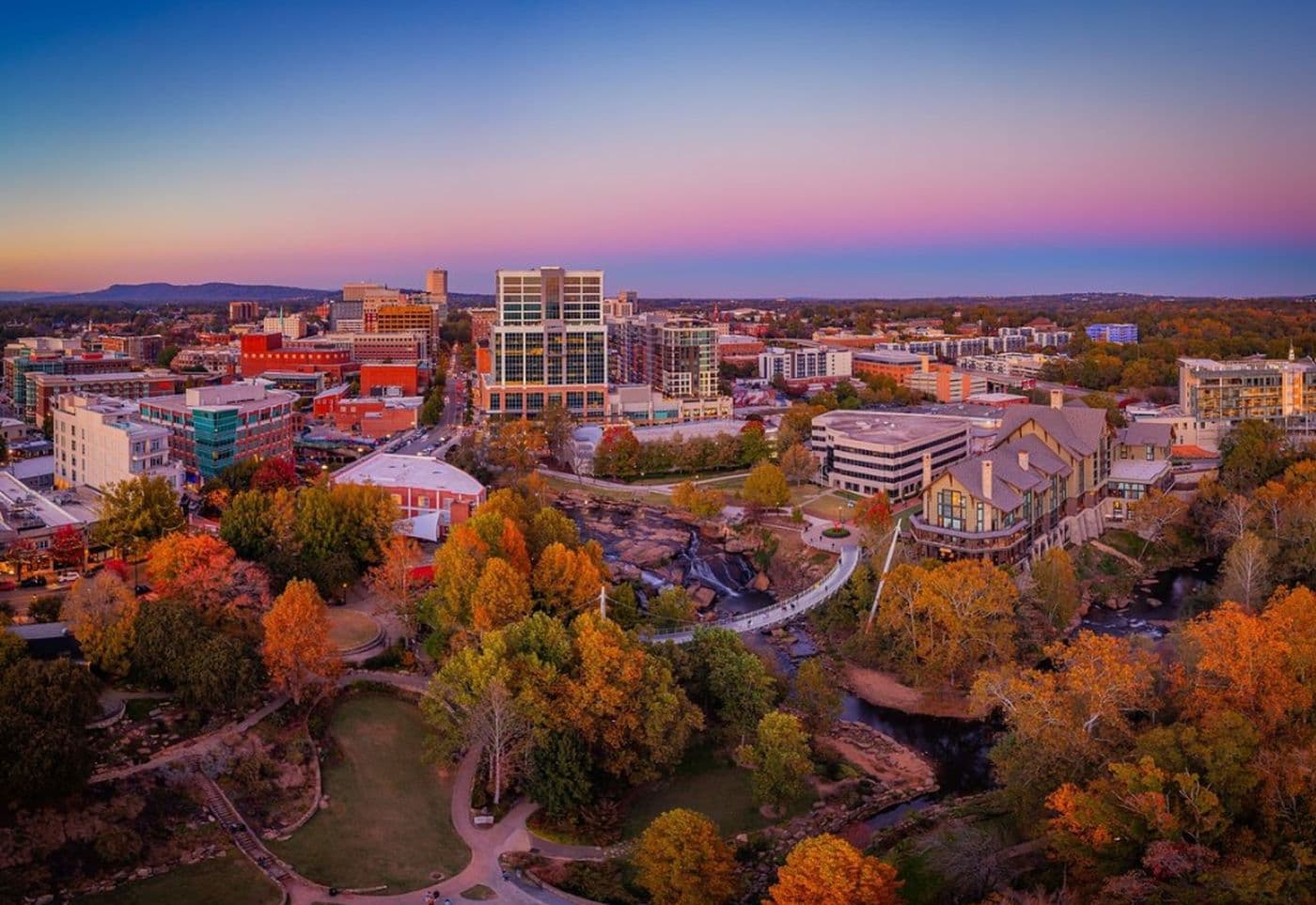 Downtown Greenville, South Carolina at dusk overlooking Falls Park on the Reedy