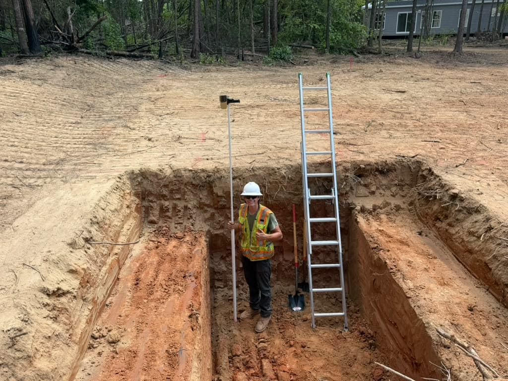 Crew member in a hard hat and high-visibility vest standing in an open excavation, with a ladder for access and a grade rod set to check depth