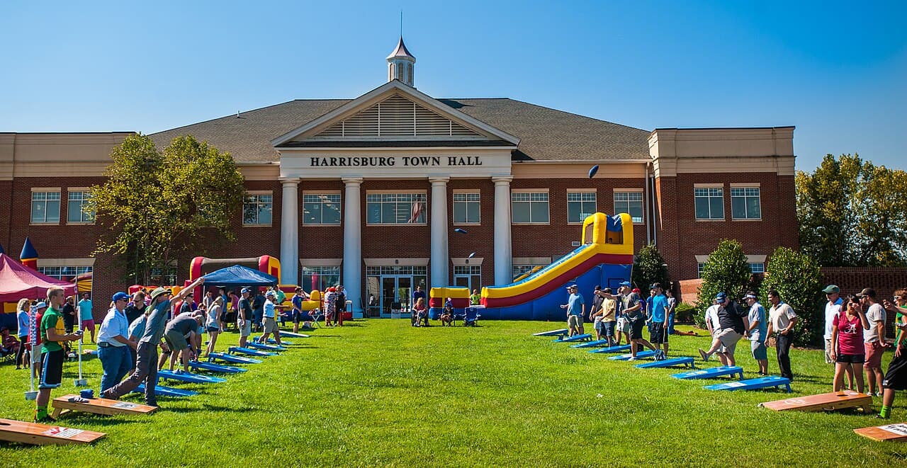 Harrisburg Town Hall during a community event on its lawn, Harrisburg, NC