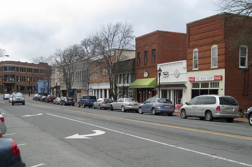 Shops along a commercial street in downtown Davidson, NC