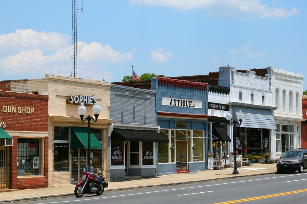 Storefronts on Main Street in the Pineville Commercial Historic District, NC
