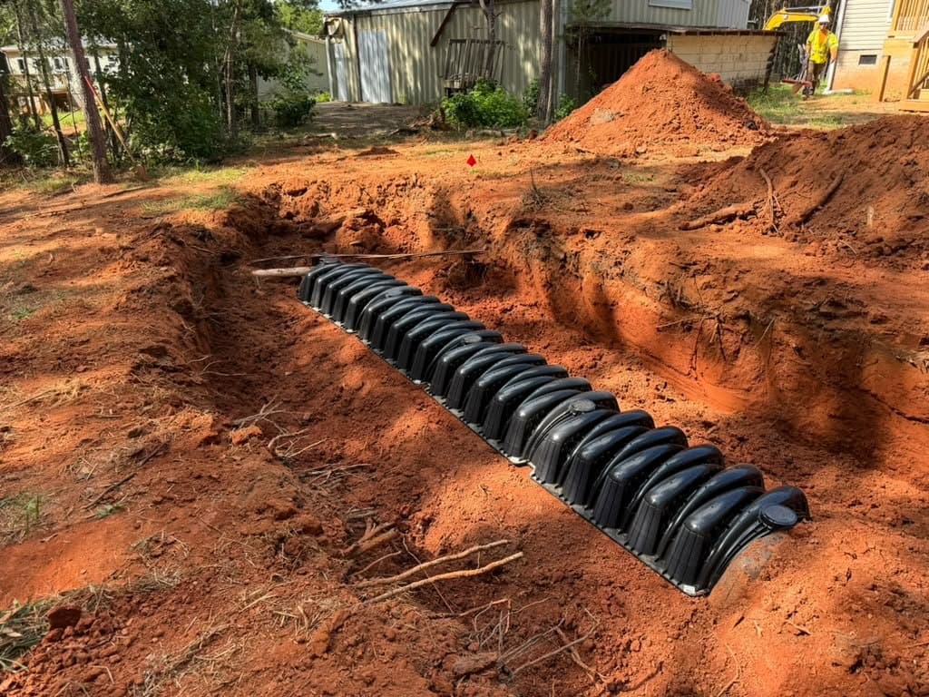 A full run of plastic septic chambers laid in an open drain field trench, with spoil piled alongside and a crew member working in the background